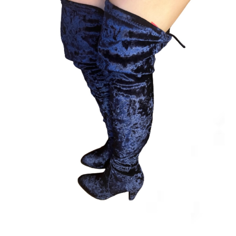 Velvet thigh high heel boots